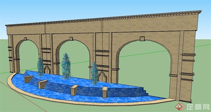 现代风格喷泉叠水及景墙su模型(1)