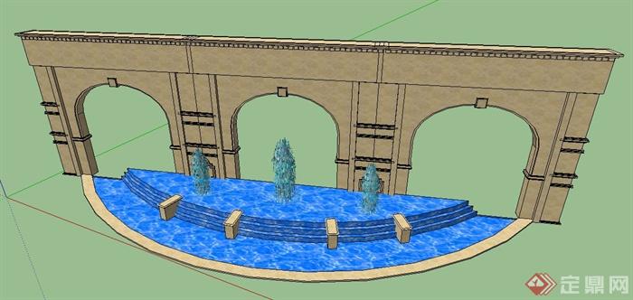 现代风格喷泉叠水及景墙su模型(3)