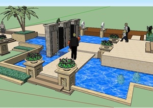 某现代风格喷泉跌水景观水池SU(草图大师)模型
