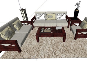 某现代中式风格沙发与茶几SU(草图大师)模型