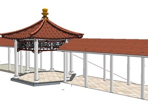中式风格六角凉亭与长廊设计SU(草图大师)模型