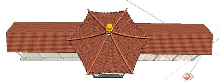 中式风格六角凉亭与长廊设计su模型(3)