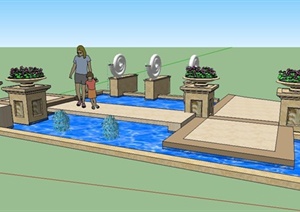 现代跌水景观水池设计SU(草图大师)模型