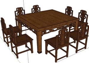现代中式木制方形餐桌椅SU(草图大师)模型