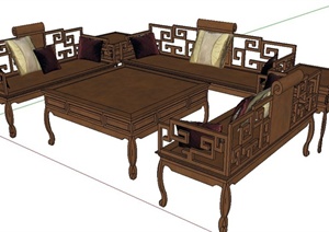 中式风格木制沙发茶几SU(草图大师)模型