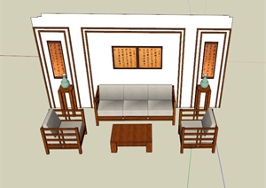 中式沙发茶几背景墙组合设计SU(草图大师)模型