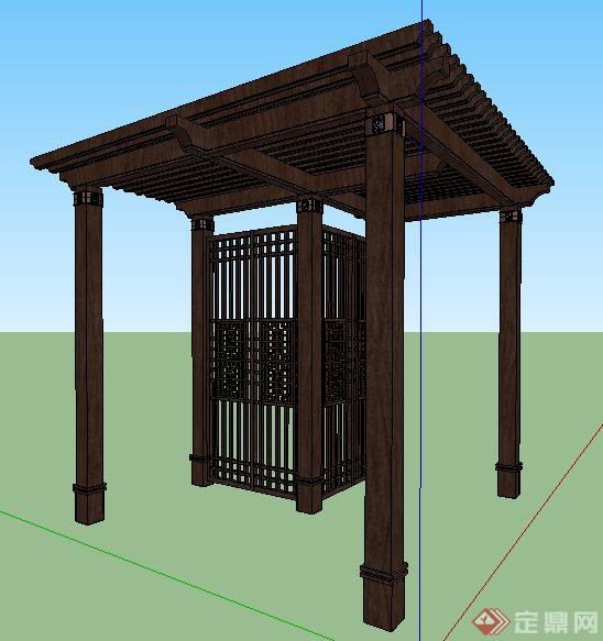 现代中式风格转角木廊架su模型(1)