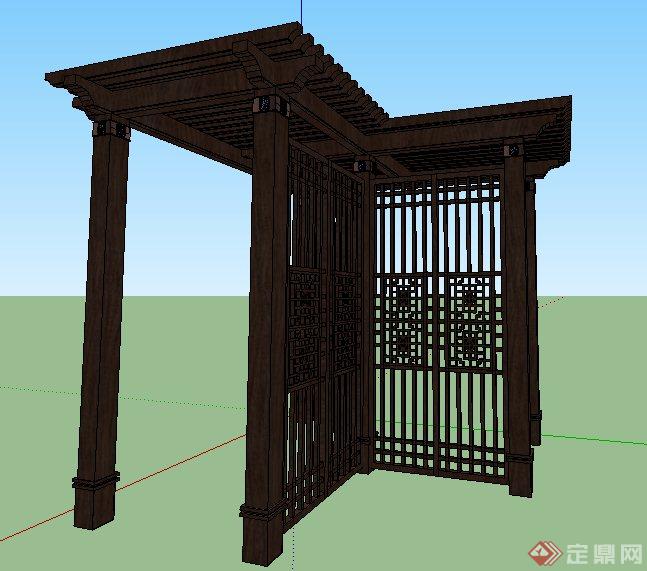 现代中式风格转角木廊架su模型(3)
