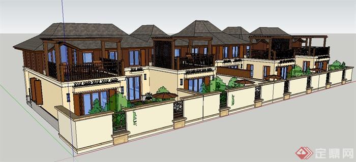 东南亚风格联排别墅建筑景观设计su模型(1)