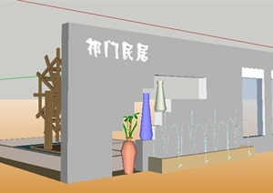 现代风格喷泉景墙及水车SU(草图大师)模型