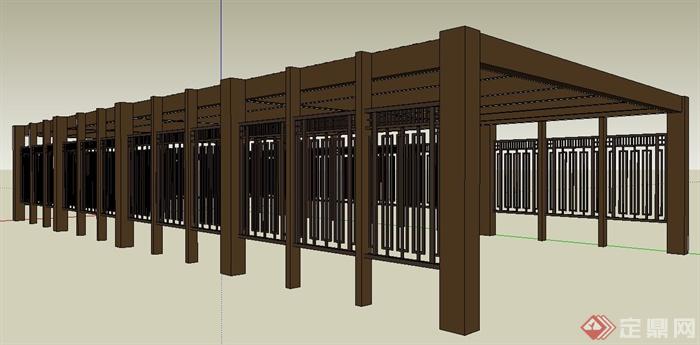现代中式木制停车棚廊架设计su模型(1)