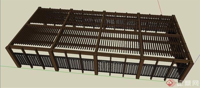现代中式木制停车棚廊架设计su模型(3)