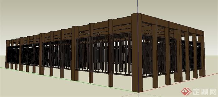 现代中式木制停车棚廊架设计su模型(2)