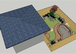 现代中式风格民居及庭院景观SU(草图大师)模型
