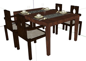 中式风格木制四人座餐桌椅SU(草图大师)模型