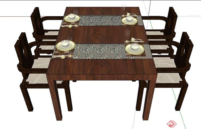 中式风格木制四人座餐桌椅su模型(2)