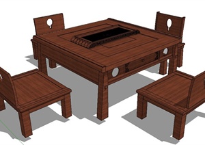 室内装饰中式木桌椅、陈列柜SU(草图大师)模型