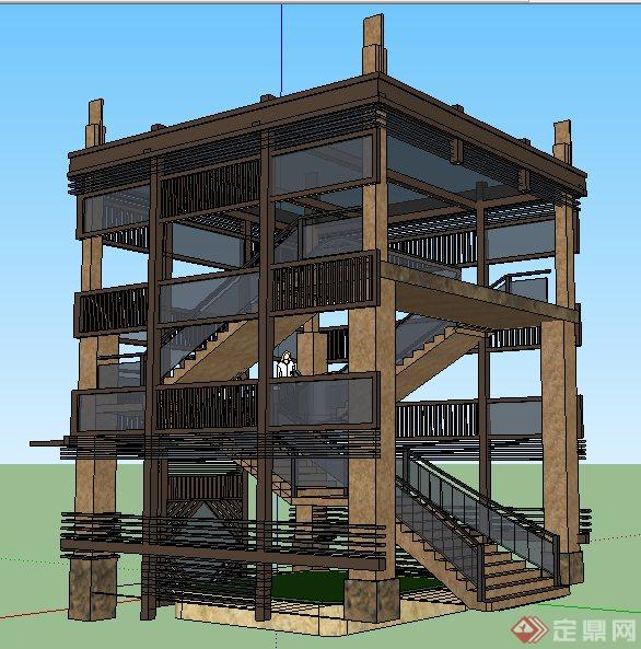 中式风格多层观景楼建筑设计su模型(2)