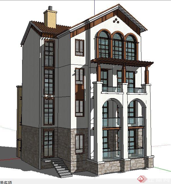西班牙风格四层住宅楼建筑设计su模型(1)