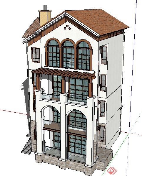 西班牙风格四层住宅楼建筑设计su模型(3)
