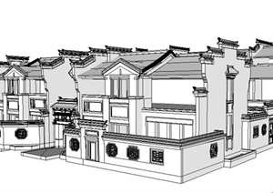 中式风格联排别墅建筑设计SU(草图大师)白模