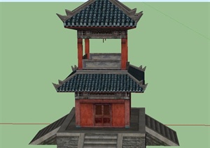 某古典中式两层塔楼建筑设计SU(草图大师)模型