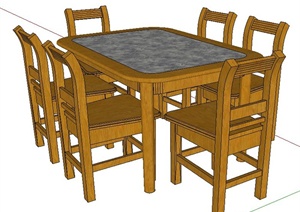 简约中式六人座餐桌椅SU(草图大师)模型