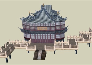 某古典中式风格湖心亭与栈道桥设计SU(草图大师)模型