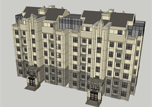 新古典双拼公寓建筑设计SU(草图大师)模型