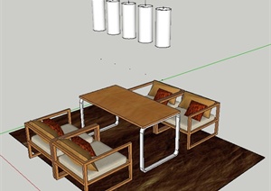 日式风格四人座餐桌椅及吊灯SU(草图大师)模型