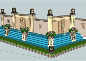 园林景观新古典喷水景墙组合SU(草图大师)模型