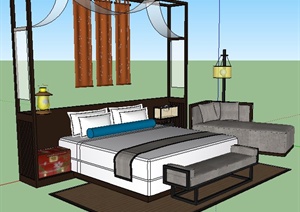 室内装饰中式风格卧室家具组合SU(草图大师)模型