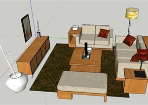 现代中式风格客厅家具组合SU(草图大师)模型