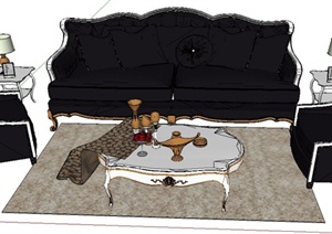 欧式黑色沙发家具组合SU(草图大师)模型