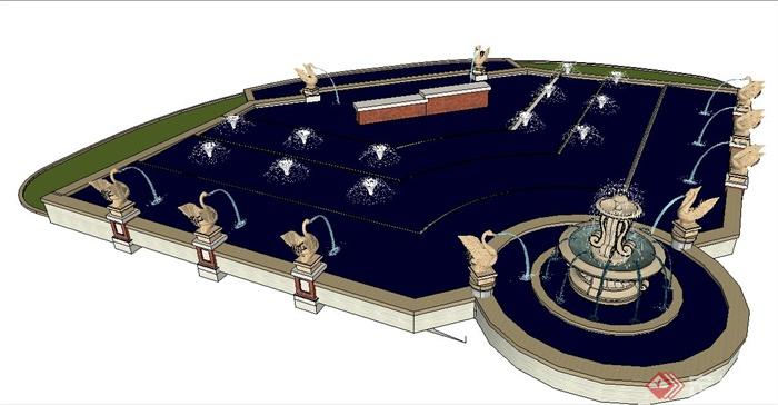 扇形雕塑喷泉叠水池su模型(2)