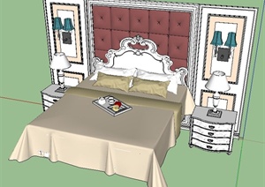 欧式风格床与床头背景墙SU(草图大师)模型