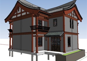 中式风格水中客栈建筑设计SU(草图大师)模型