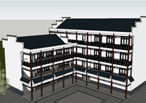 古典中式徽派四层办公楼建筑设计SU(草图大师)模型