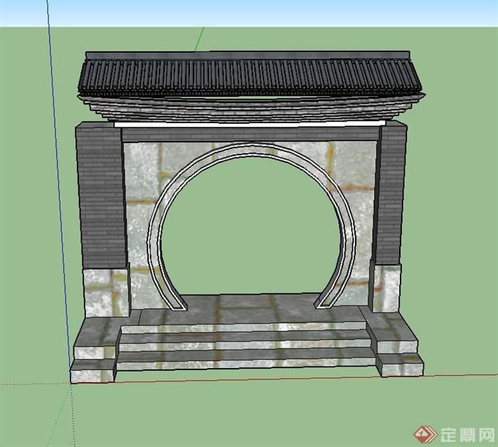 某古典中式圆形庭院门廊设计SU模型(1)