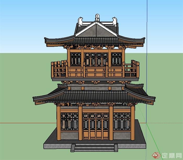 古典中式两层景观塔楼建筑设计SU模型(1)
