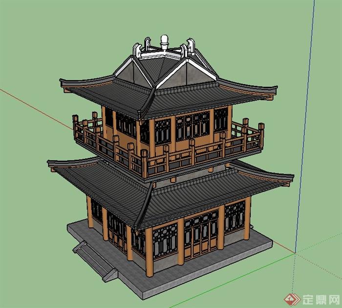 古典中式两层景观塔楼建筑设计SU模型(2)