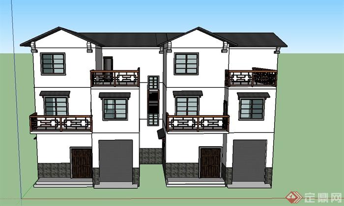 某三层现代中式坡屋面住宅建筑设计SU模型(1)