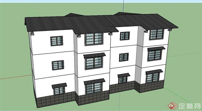 某三层现代中式坡屋面住宅建筑设计SU模型(3)