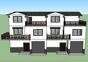 某两栋三层现代中式联排带阳台住宅建筑设计SU(草图大师)模型