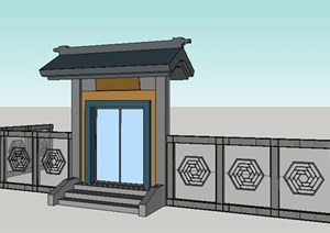 中式风格庭院门及围栏SU(草图大师)模型
