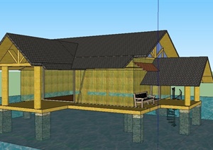 中式风格水中住宅建筑设计SU(草图大师)模型