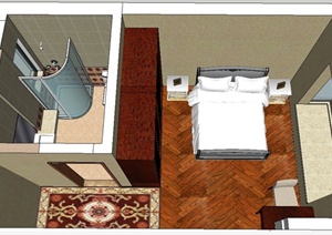 中式风格卧室及卫生间室内设计SU(草图大师)模型