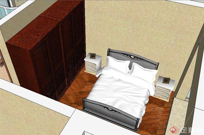 中式风格卧室及卫生间室内设计su模型(2)