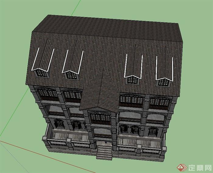 某三层新中式精致办公楼建筑设计SU模型(4)