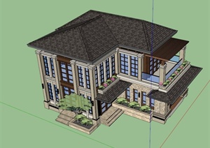 双层新中式别墅建筑设计SU(草图大师)模型